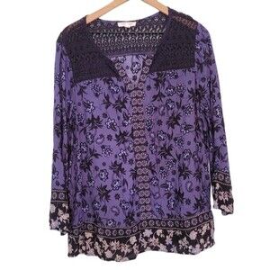 BeachLunchLounge Blue Floral Mixed Print Lace Boho Blouse Size XL